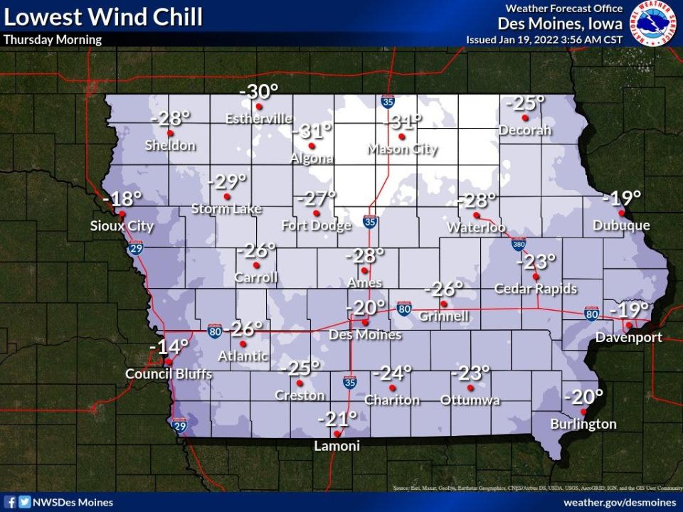 Wind chills in northern Iowa could feel as low as 30 degrees below zero Thurs. Jan. 20, 2022.