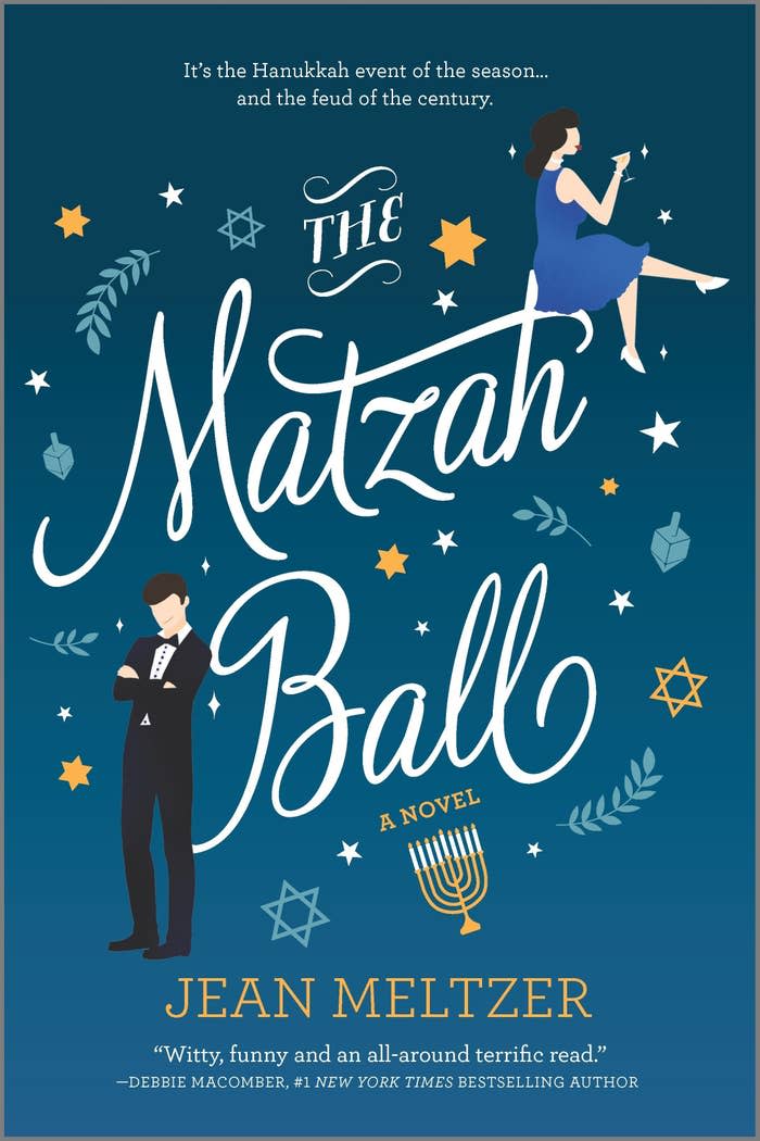 Blue cover featuring a white male in a suit and a white woman in a blue dress. Tag line reads: It's the Hanukkah event of the season...and the feud of the century. Title reads: The Matzah Ball, a novel.