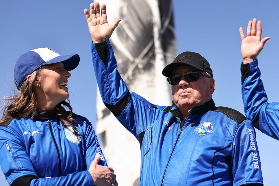 <p>William Shatner celebrates his successful journey into space near Van Horn, Texas, on Oct. 13.</p>