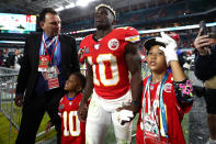 MIAMI, FLORIDA - FEBRUARY 02: Tyreek Hill #10 of the Kansas City Chiefs celebrates after defeating the San Francisco 49ers 31-20 in Super Bowl LIV at Hard Rock Stadium on February 02, 2020 in Miami, Florida. (Photo by Jamie Squire/Getty Images)