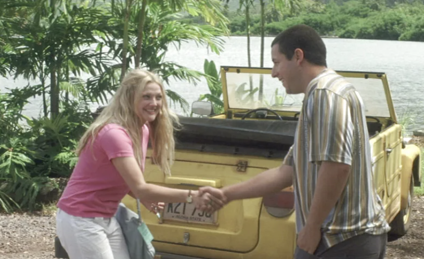 a man and a woman standing next to a yellow vehicle