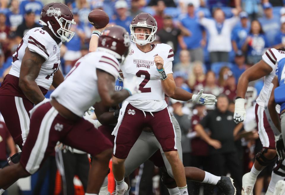  Mississippi State Bulldogs quarterback Will Rogers throws the ball against the Memphis Tigers at Liberty Bowl Memorial Stadium on Saturday, Sept. 18, 2021.