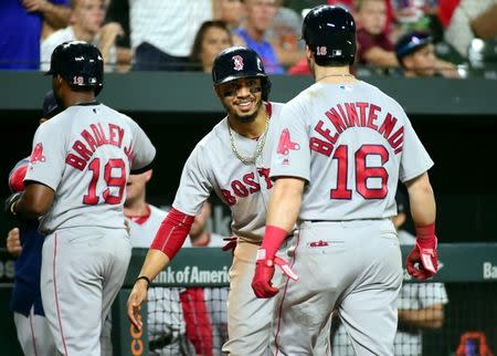 Aug 10, 2018; Baltimore, MD, USA; Boston Red Sox outfielder Andrew Benintendi (16) is congratulated by outfielder Mookie Betts (50) after scoring a run in the sixth inning against the Baltimore Orioles at Oriole Park at Camden Yards. Mandatory Credit: Evan Habeeb-USA TODAY Sports