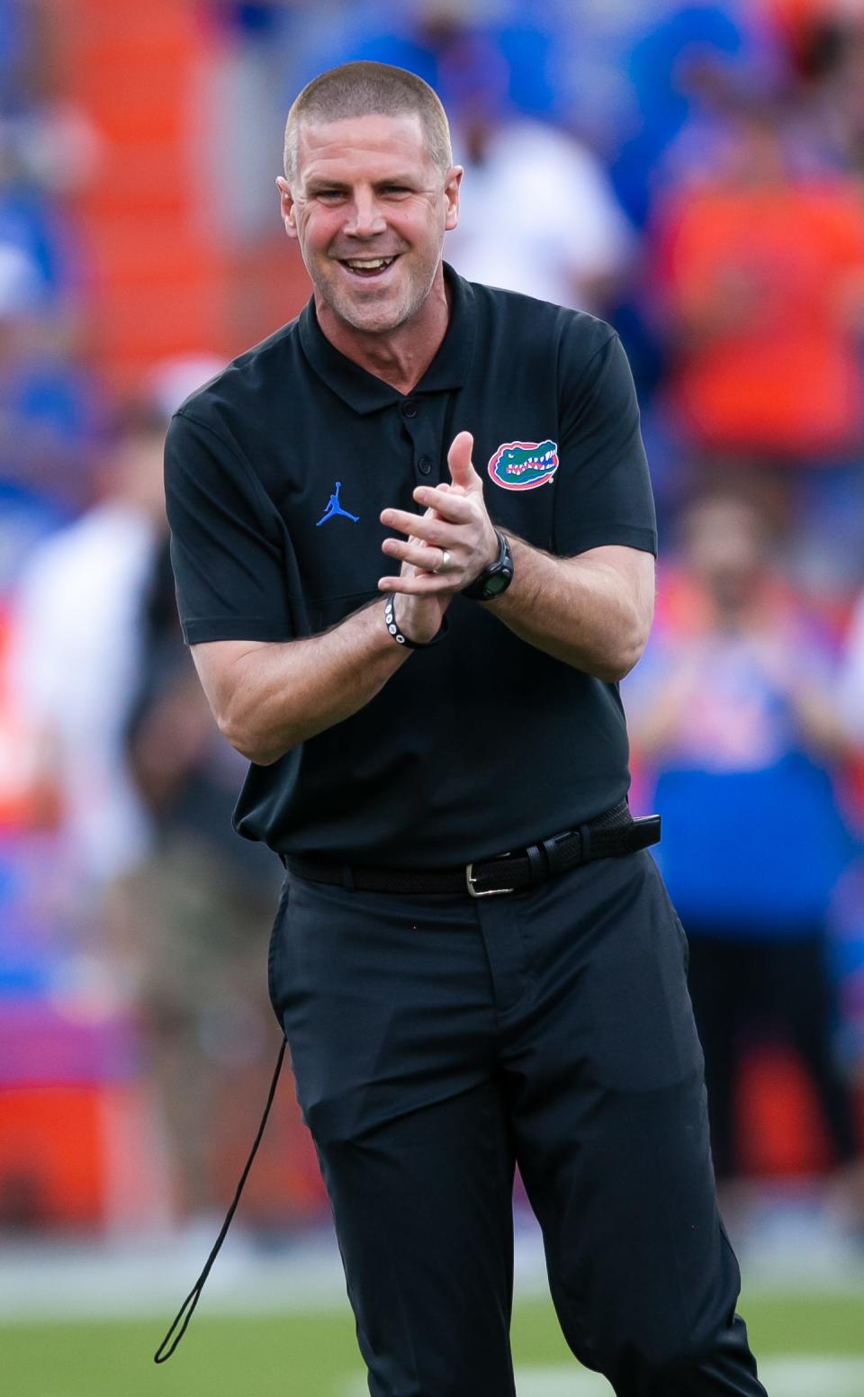 Florida coach Billy Napier claps for his team before the start of the game against LSU on Oct. 15, 2022. (Doug Engle, Gainesville Sun)