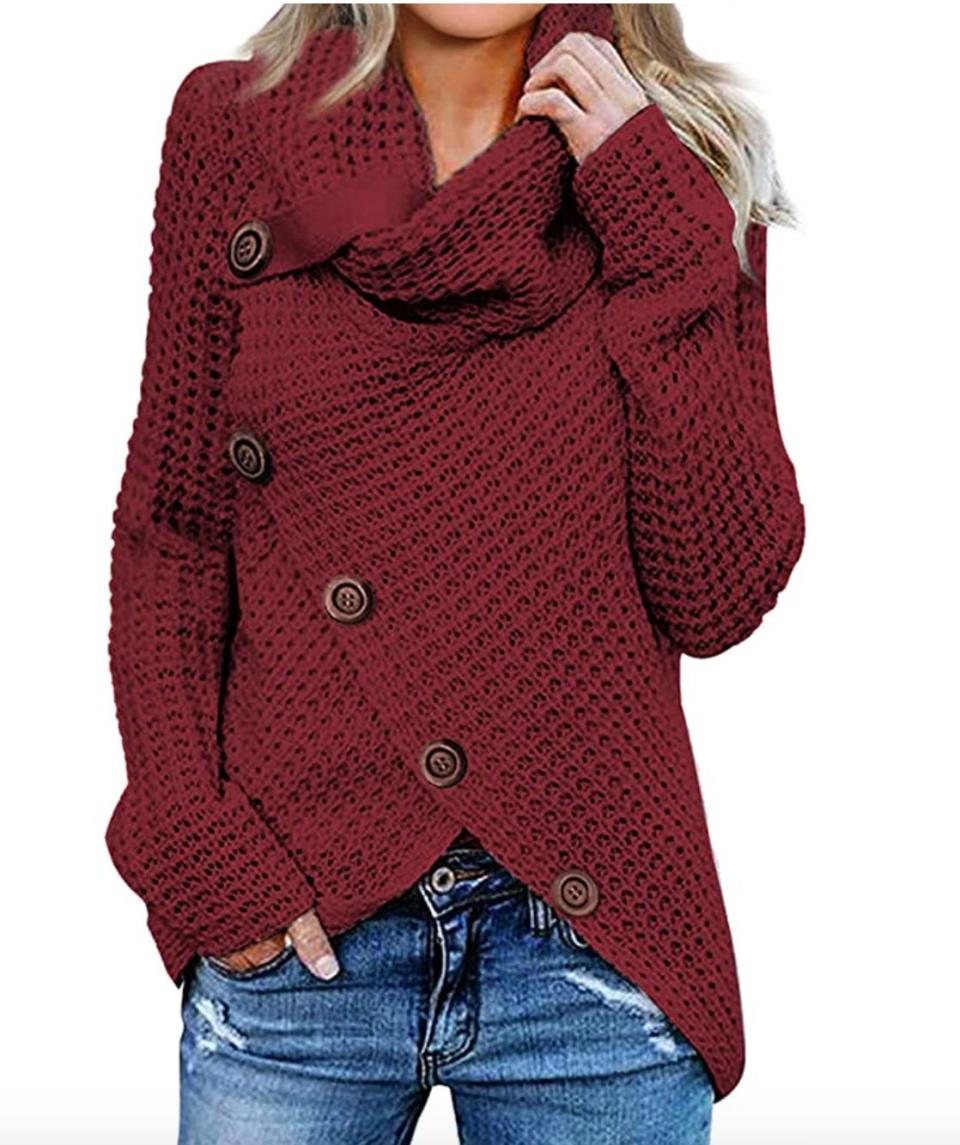 <a href="https://amzn.to/3kLK4PO'" target="_blank" rel="noopener noreferrer">This cowl neck sweater</a> is available in sizes S to XXL in 18 colors. Find it for $36 on <a href="https://amzn.to/3kLK4PO" target="_blank" rel="noopener noreferrer">Amazon</a>.