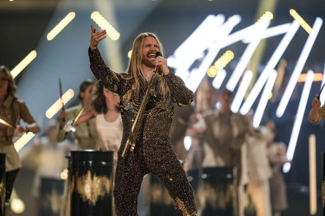 Sam Ryder performs during dress rehearsals for the Grand final at the Eurovision Song Contest in Liverpool, England, Friday, May 12, 2023. (AP Photo/Martin Meissner)