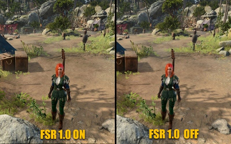 A side-by-side comparison shows the difference between FSR on and off in Baldur's Gate 3 on Steam Deck.