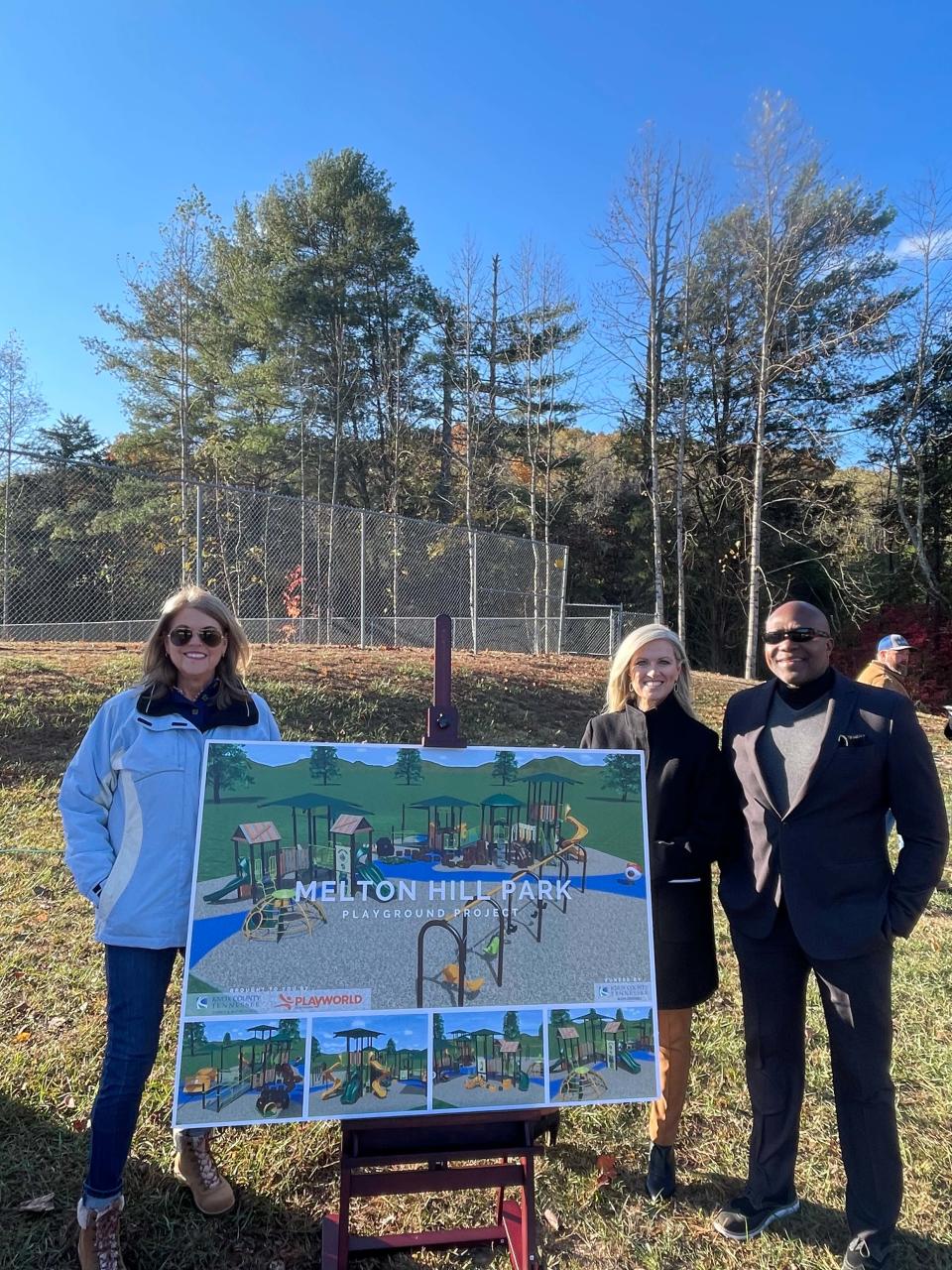 Knox County Commissioners Terry Hill and Kim Frazier with Joe Mack (Parks and Recreation) at Melton Hill Park groundbreaking Nov. 1, 2023.