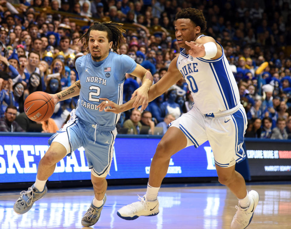 North Carolina Tar Heels guard Cole Anthony (2) drives to the basket as Duke Blue Devils forward Wendell Moore Jr. (0) defends. (USA Today)