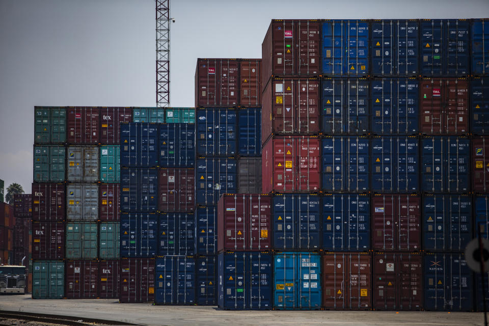 MEXICO CITY, MEXICO - JUNE 07: Export freight containers with Mexican produced goods are seen ready to be shipped to the US in the Pantaco customs complex on June 7, 2019 in Mexico City, Mexico. President Donald Trump's threatened to impose a 5-percent tariff on all imports to the United States if Mexico does not do more to restrict migrants from Central America from coming to the U.S. (Photo by Hector Vivas/Getty Images)