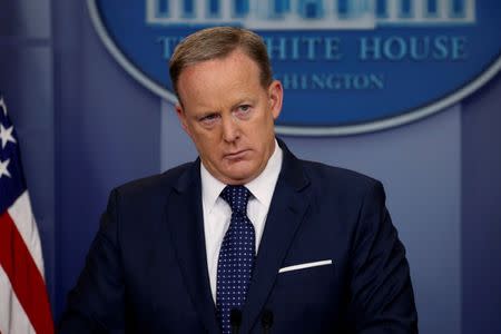 FILE PHOTO: White House Press Secretary Sean Spicer holds his daily briefing at the White House in Washington, U.S., June 2, 2017. REUTERS/Jonathan Ernst/File Photo