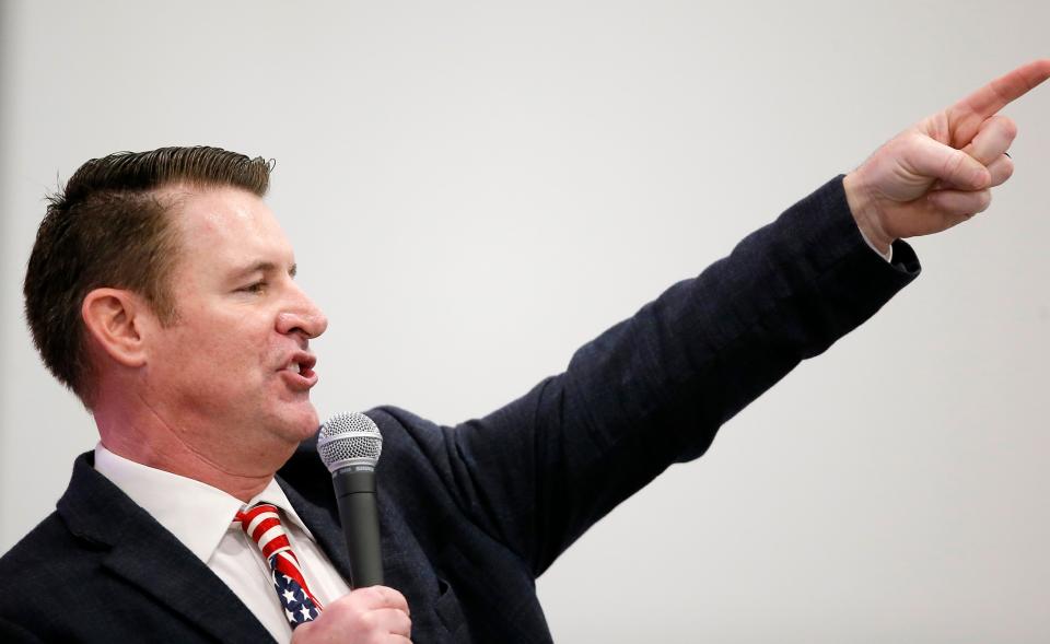 John Bennett, candidate for Oklahoma's 2nd Congressional District, speaks March 4 during a rally for U.S. Senate candidate Jackson Lahmeyer in Oklahoma City.