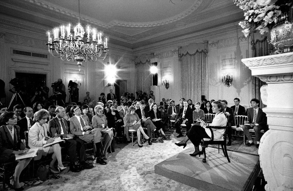 Addressing the press and taking questions on a wide range of topics in the East Room of the White House. The seventy-two-minute Q&amp;A came months after reporters began demanding that Clinton discuss her role in criticized commodity trades and an Arkansas land deal first reported on in 1992. It was her only such event during her tenure as First Lady. April 22, 1994.&nbsp;