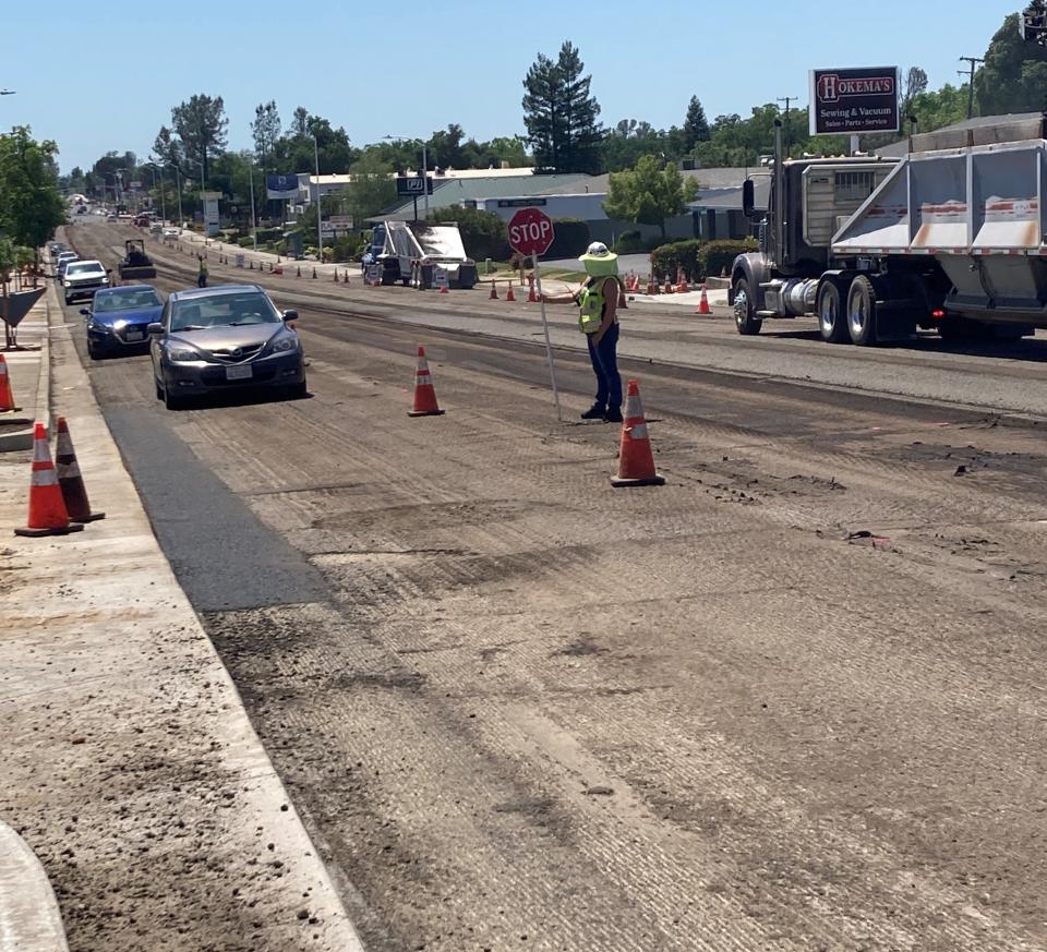 Traffic delays were common Monday afternoon, May 15, 2023, as roadwork went on along Bechelli Lane in Redding.