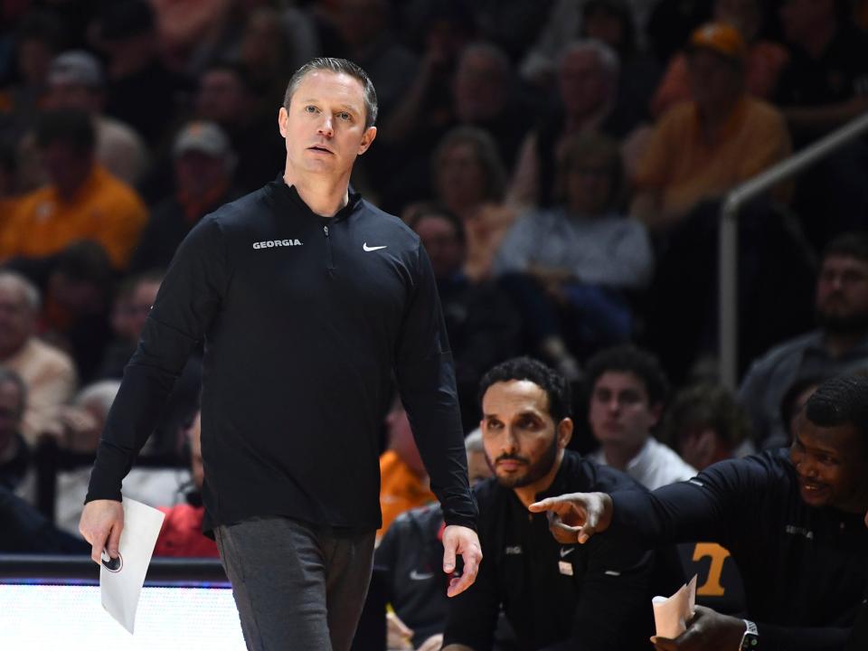 Georgia basketball coach Mike White during the NCAA college basketball game against Tennessee on Wednesday, January 25, 2023 in Knoxville, Tenn. 