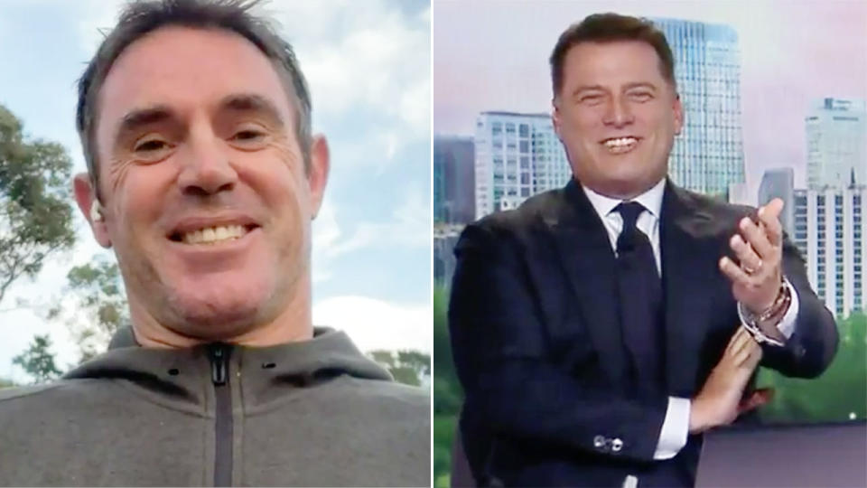 Pictured right, Karl Stefanovic laughing at Brad Fittler's take on the flu shot debate.