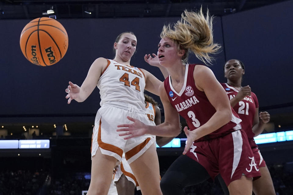 Texas forward Taylor Jones (44) knocks the ball away from Alabama guard Sarah Ashlee Barker (3) during the second half of a second-round college basketball game in the women’s NCAA Tournament in Austin, Texas, Sunday, March 24, 2024. (AP Photo/Eric Gay)
