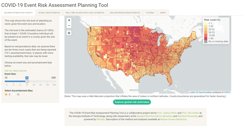 Researchers at the Georgia Institute of Technology, the Applied Bioinformatics Laboratory and Stanford University have created the COVID-19 Event Risk Assessment Planning Tool, which "shows the risk level of attending an event, given the event size and location."