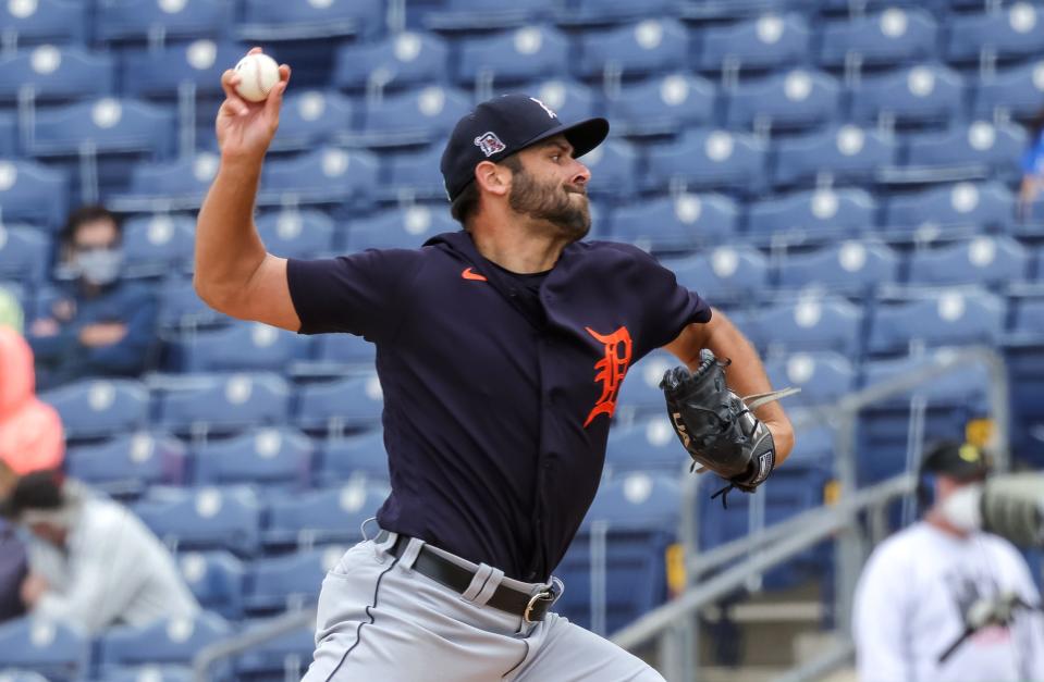 Detroit Tigers starting pitcher Michael Fulmer throws a pitch during the sixth inning against the Philadelphia Phillies on March 21, 2021 in Clearwater, Florida.