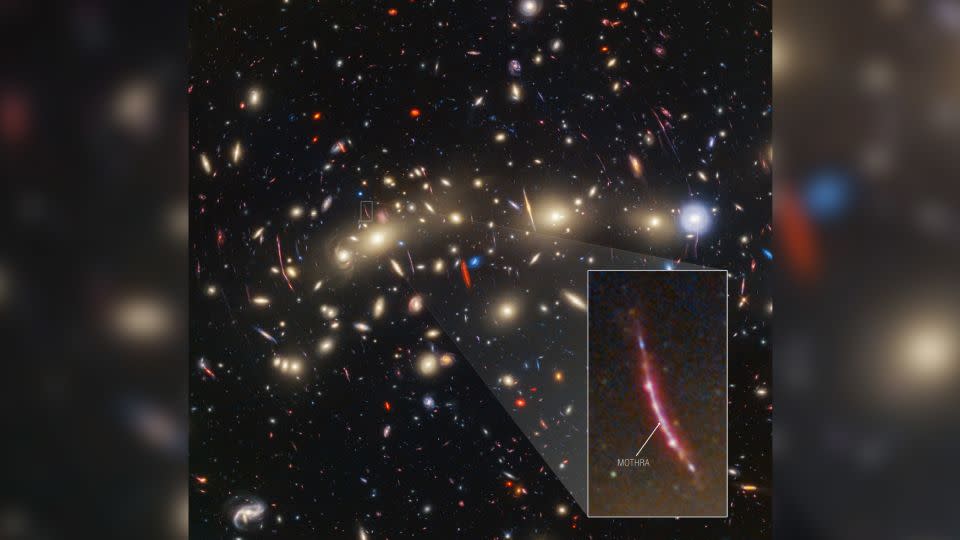 The Webb and Hubble composite image includes "Mothra," a star system magnified by the galactic cluster pair as well as another unseen object. - NASA/ESA/CSA/STScI