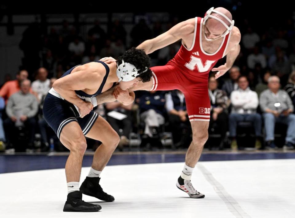 Penn State’s Beau Bartlett pulls in Nebraska’s Brock Hardy in the 141 lb bout of the match on Sunday, Feb. 18, 2024 in Rec Hall. Abby Drey/adrey@centredaily.com