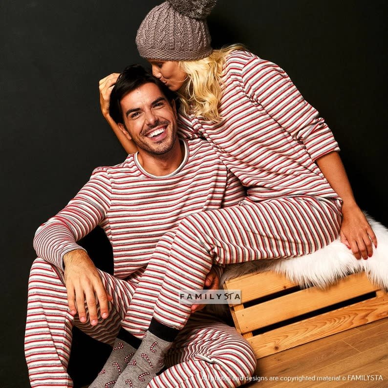 couple hpliday pajamas in stripes