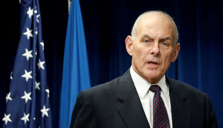 FILE PHOTO -- Homeland Security Secretary John Kelly delivers remarks on issues related to visas and travel after U.S. President Donald Trump signed a new travel ban order in Washington, U.S., March 6, 2017. REUTERS/Kevin Lamarque/File Photo
