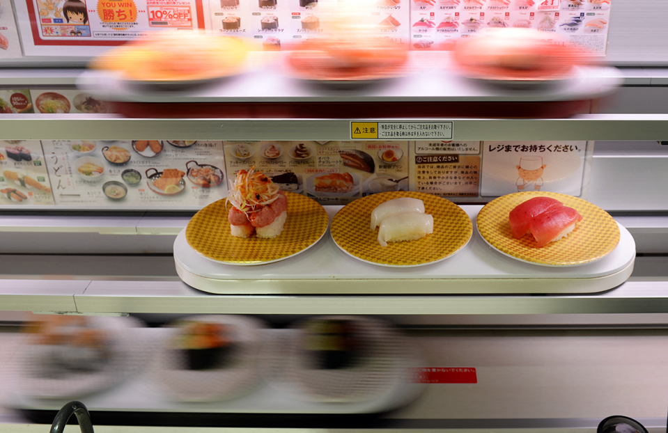 Sushi at Uobei Shibuya Dogenzaka.