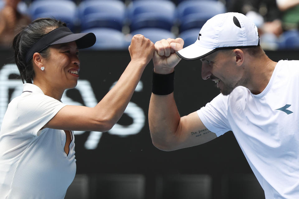 Hsieh Su-Wei of Taiwan and Jan Zielinski of Poland react during the mixed doubles final against Desirae Krawczyk of the U.S. and Neal Skupski of Britain at the Australian Open tennis championships at Melbourne Park, Melbourne, Australia, Friday, Jan. 26, 2024. (AP Photo/Asanka Brendon Ratnayake)