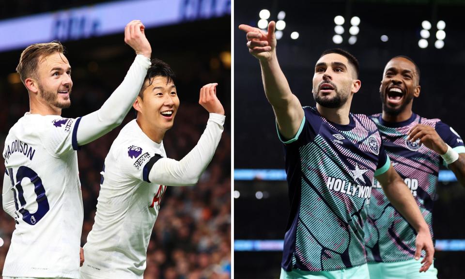 <span>Maupay and Toney (right) doing their version of the Maddison and Son celebration.</span><span>Composite: Getty Images</span>