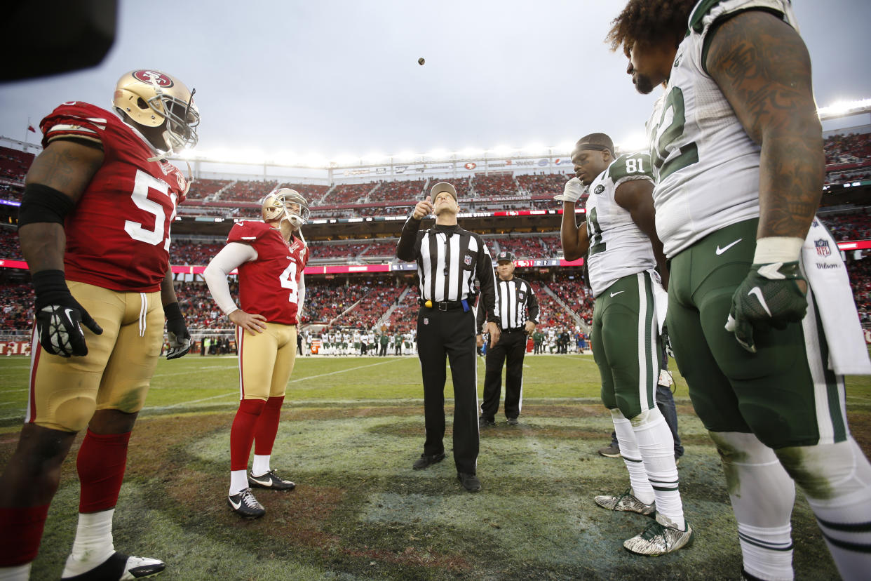 Spot and Choose would make the overtime coin flip a lot more interesting. (Pre-COVID photo by Michael Zagaris/San Francisco 49ers/Getty Images)