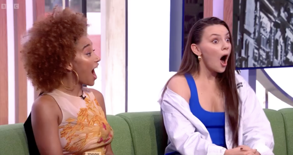 The Acolyte actors Amandla Stenberg and Dafne Keen were shocked by Eleanor Tomlinson's Star Wars confession. (BBC Screenshot)