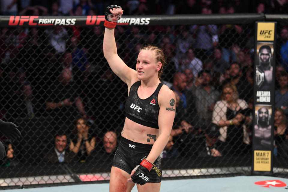 HOUSTON, TEXAS - FEBRUARY 08:  Valentina Shevchenko of Kyrgyzstan celebrates her TKO victory over Katlyn Chookagian in their women's flyweight championship bout during the UFC 247 event at Toyota Center on February 08, 2020 in Houston, Texas. (Photo by Josh Hedges/Zuffa LLC via Getty Images)