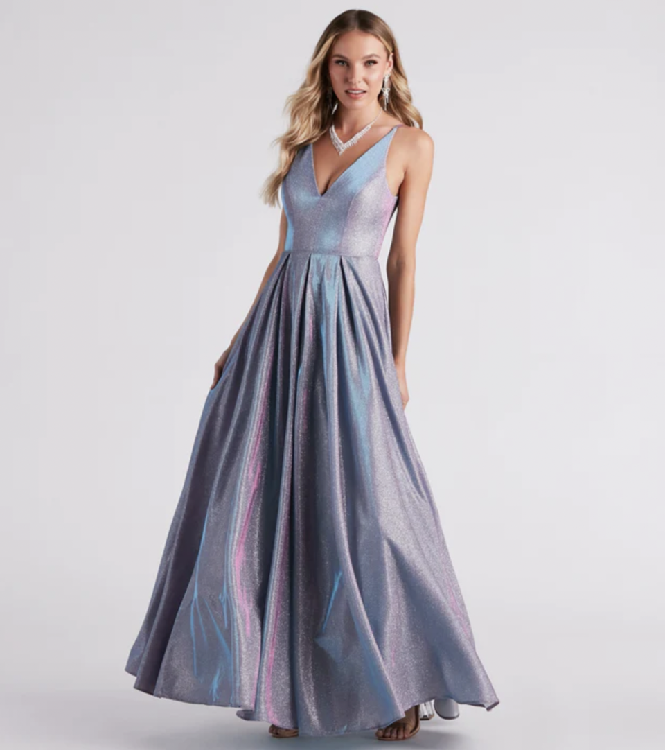 4) Delaney Iridescent Glitter Woven Ball Gown