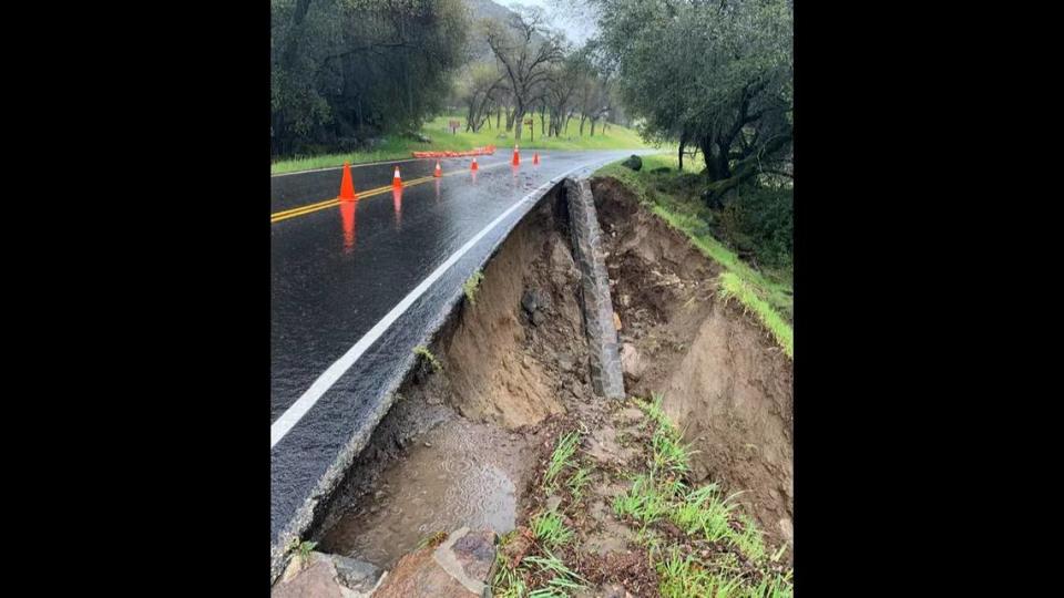 A National Parks Service photo shows flood damage to the Generals Highway between the Ash Mountain Entrance Station and the Foothills Visitor Center in Sequoia National Park on or after March 10, 2023.