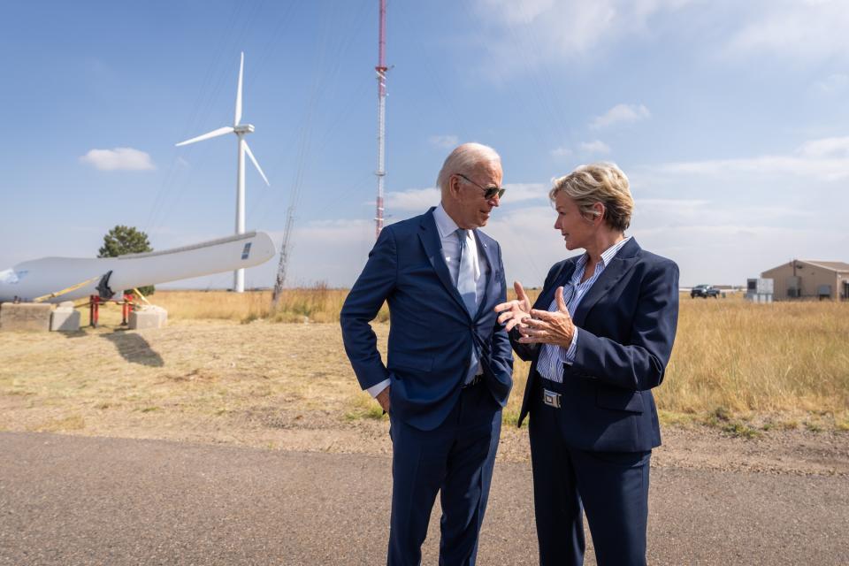 President Joe Biden talks with Energy Secretary Jennifer Granholm during a tour of the National Renewable Energy Laboratory Flatirons Campus in Arvada, Colorado, Tuesday, September 14, 2021. (HUM Images/Universal Images Group via Getty Images)