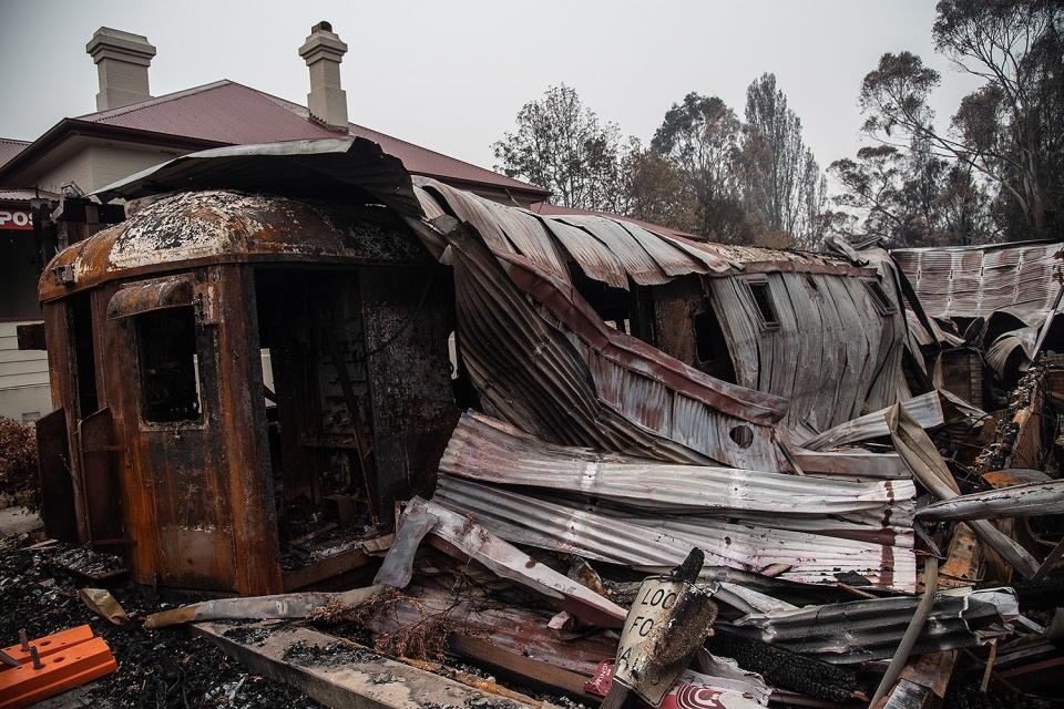 The remains of a burnt-out train carriage which used to be a cafe in Cobargo, New South Wales, Australia, on Jan. 16. 