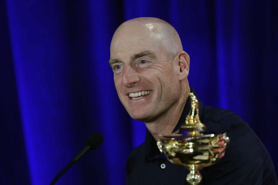 FILE - In this Sept. 4, 2018, file photo, Jim Furyk, U.S. Ryder Cup team captain, smiles during a news conference in West Conshohocken, Pa. The 42nd Ryder Cup Matches will be held in France from Sept. 28-30, 2018, at the Albatros Course of Le Golf National. (AP Photo/Matt Slocum, File)