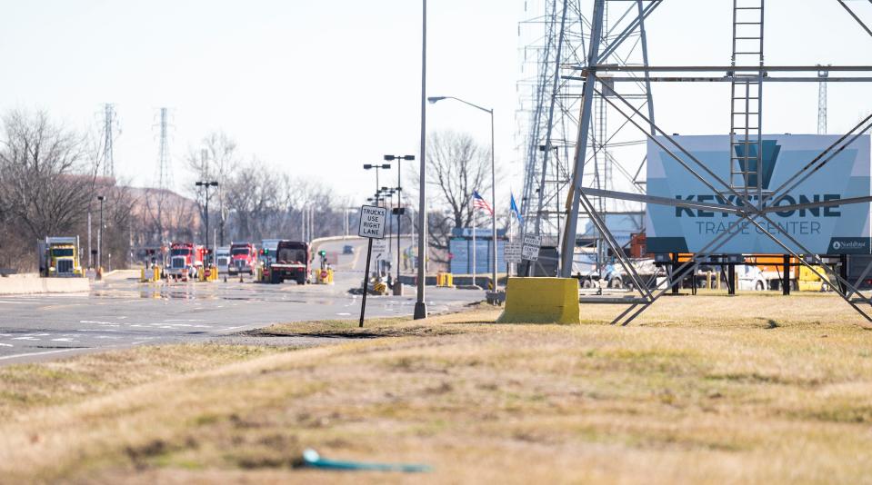 Ingoing and outgoing trucks at the Keystone Trade Center entrance in Morrisville on Tuesday, Feb. 6, 2024.

Daniella Heminghaus | Bucks County Courier Times