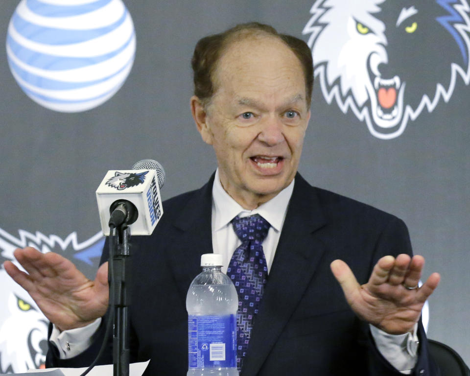 FILE - Minnesota Timberwolves team owner Glen Taylor speaks in Minneapolis, in this June 6, 2014, file photo. Timberwolves owner Glen Taylor has reached agreement on his $1.5 billion sale of the club. He's selling to e-commerce mogul Marc Lore and former baseball star Alex Rodriguez. The news was confirmed by a person with knowledge of the negotiation speaking on condition of anonymity because league approval was still pending. Taylor previously said the deal was contingent on Lore and Rodriguez keeping the team in Minnesota. (AP Photo/Ann Heisenfelt, File)