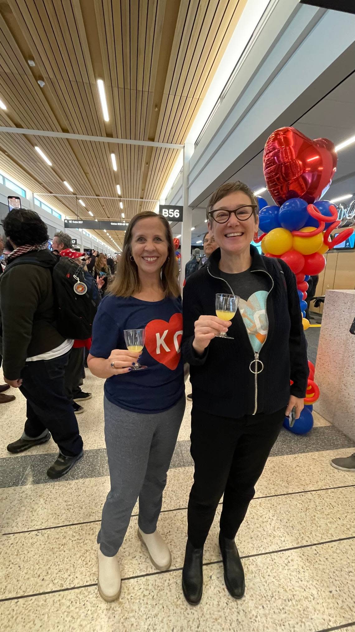 Dawn Taylor and Elizabeth Rosin, both from Kansas City, flew to Chicago Monday afternoon so they could catch the flight that would be the first to land at KCI’s new terminal on Tuesday, Feb. 28, 2023.