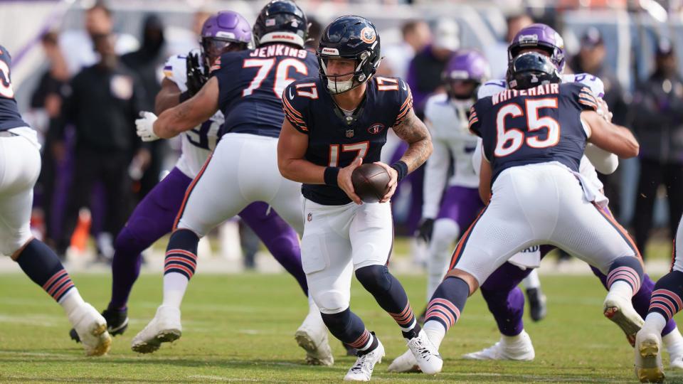 Tyson Bagent in action with the football in his hand for the Chicago Bears