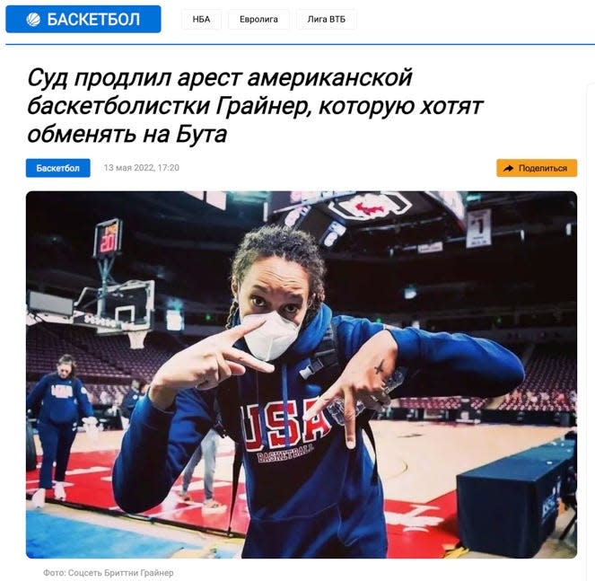 In this image from Sportkp, compiled by Gregory Svirnovskiy, Brittney Griner is pictured with a headline roughly translated: Court extends the arrest of American basketball player Griner, who they want to trade for Bout