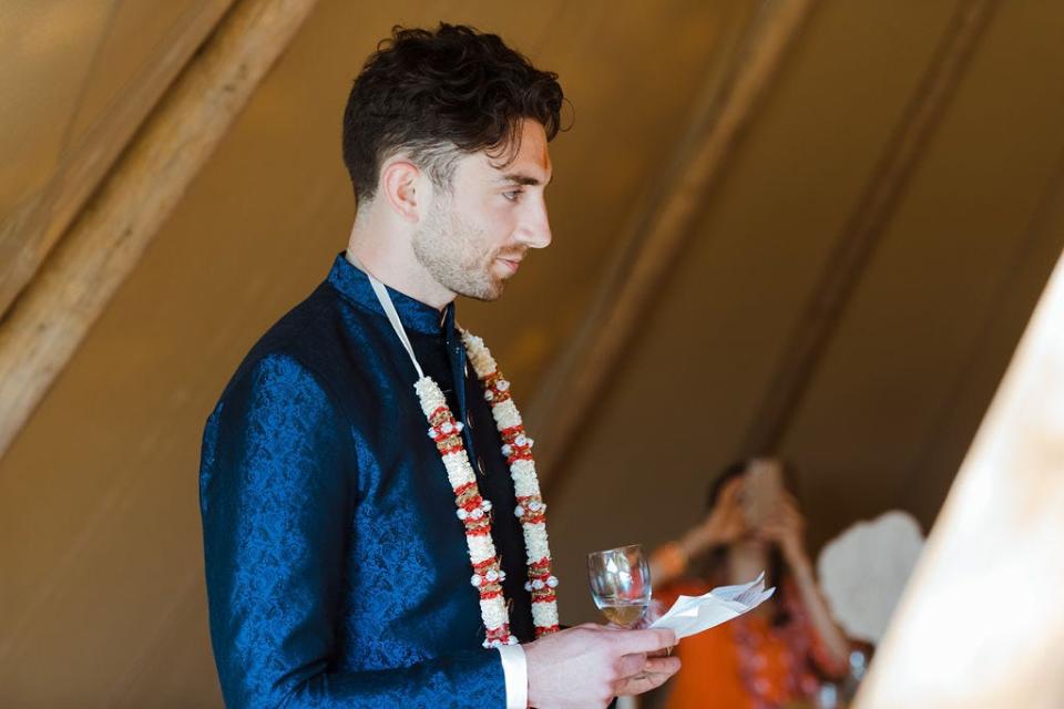 Alastair Spray delivering a wedding speech in Hindi at his wedding to Angie Tiwari.