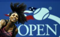 Serena Williams serves to Vitalia Diatchenko during their US Open match in New York on August 31, 2015