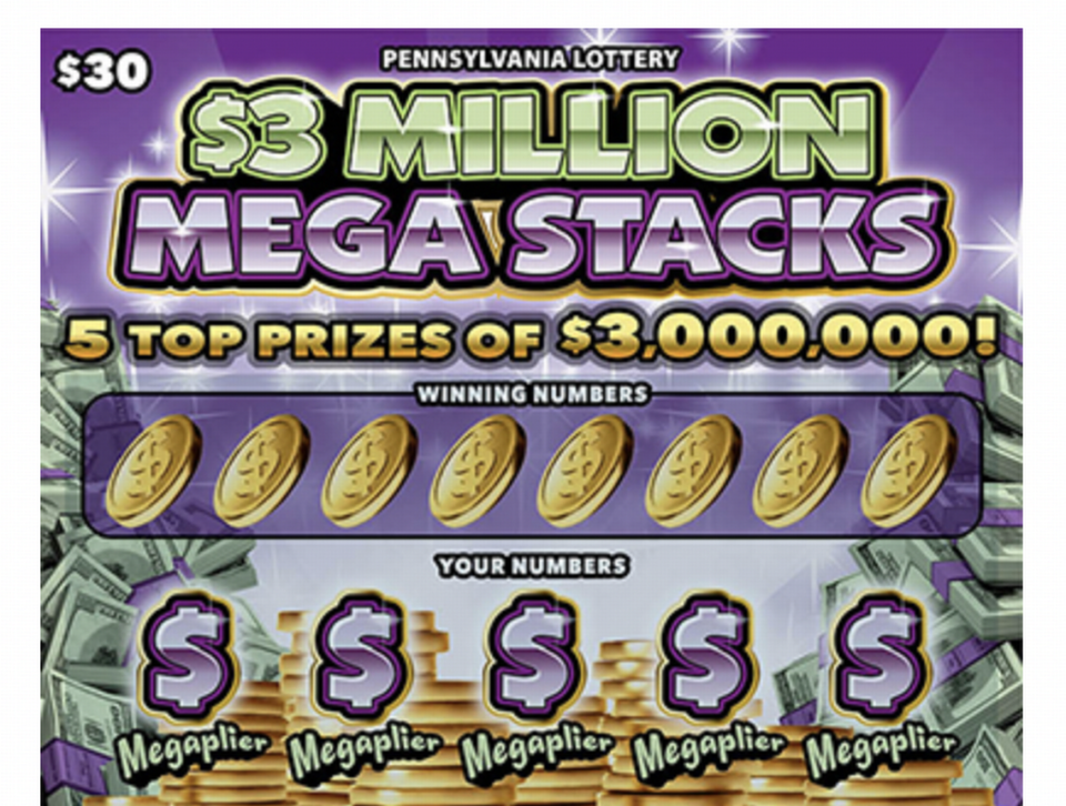 This screenshot, provided by the Pennsylvania Lottery, shows the upper portion of a sample $3 Million Mega Stacks scratch-off game.