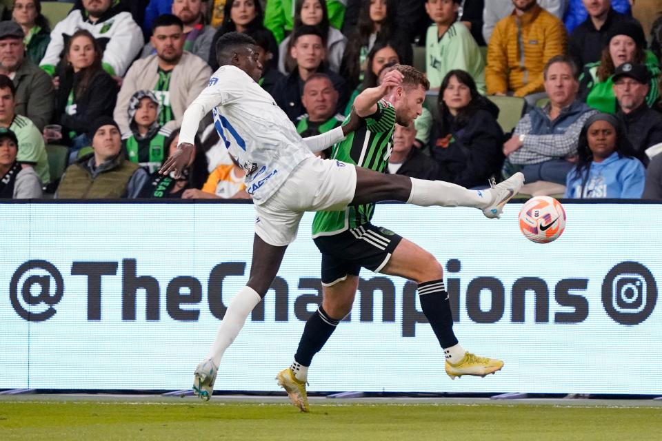 Austin FC's Jon Gallagher, right, and Violette AC's Maudwindo Germain battle for a loose ball during their March 14 match at Q2 Stadium.