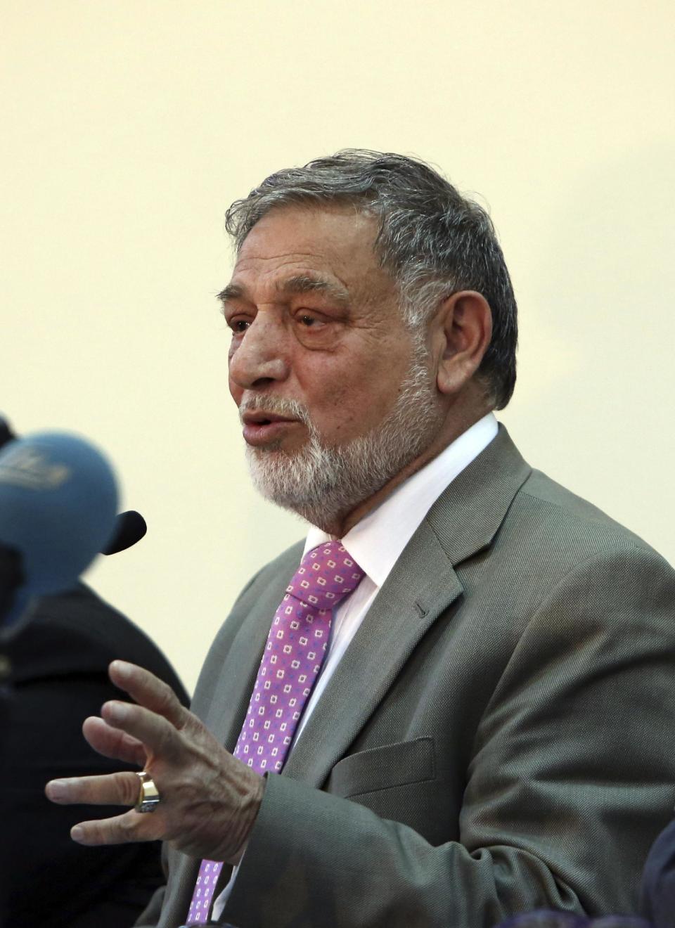 Ahmad Yousuf Nouristani, chairman of the Afghan Independent Election Commission, speaks during a press conference in Kabul, Afghanistan, Sunday, April 13, 2014. Partial results released Sunday in Afghanistan’s crucial presidential election show a tight race between ex-foreign minister Abdullah Abdullah, with 41.9 percent of the vote, and former finance minister Ashraf Ghani, with 37.6 percent. (AP Photo/Rahmat Gul)