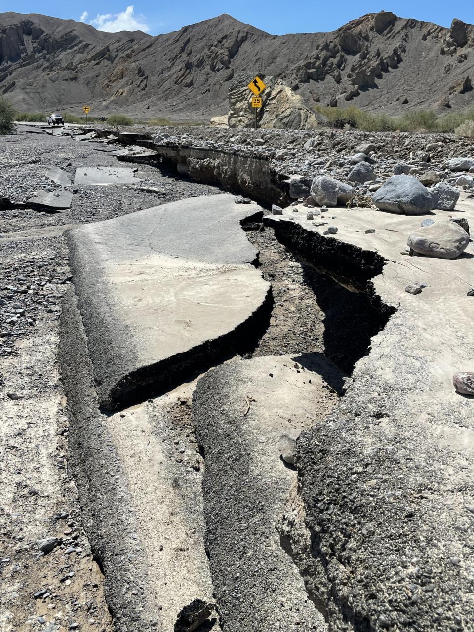 Road damage on CA-190 east of Furnace Creek. (NPS photo, Abby Wines)