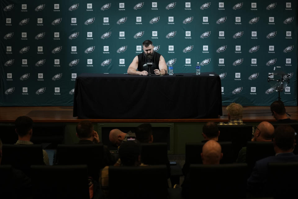 Philadelphia Eagles' Jason Kelce speaks during a NFL football press conference announcing his retirement in Philadelphia, Monday, March 4, 2024. (AP Photo/Matt Rourke)